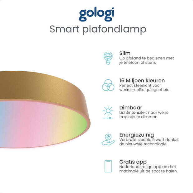Gologi Slimme Plafondlamp Goud - Plafondlampen - LED RGB - Plafonnière - 30cm