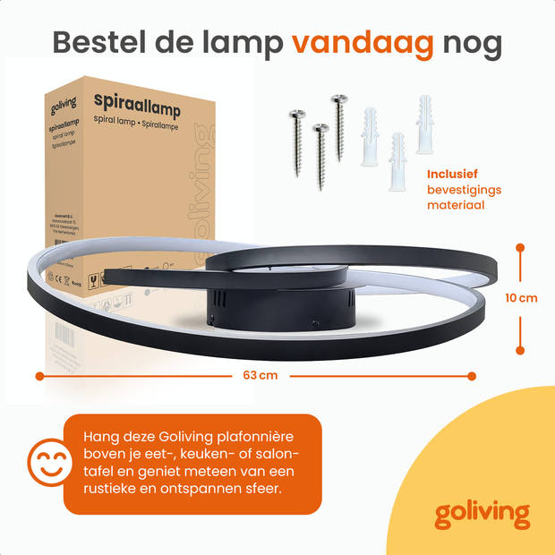 Goliving Spiraal Plafondlamp - Plafonnière - Woonkamer - Slaapkamer - LED Ringen - 35w - Ø 63 cm - Zwart