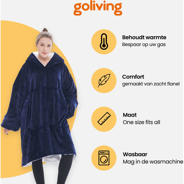 Goliving fleece deken met mouwen - Hoodie deken - Plaid hoodie - Voor volwassenen - Fleece cape - Groot - 1000G - Blauw