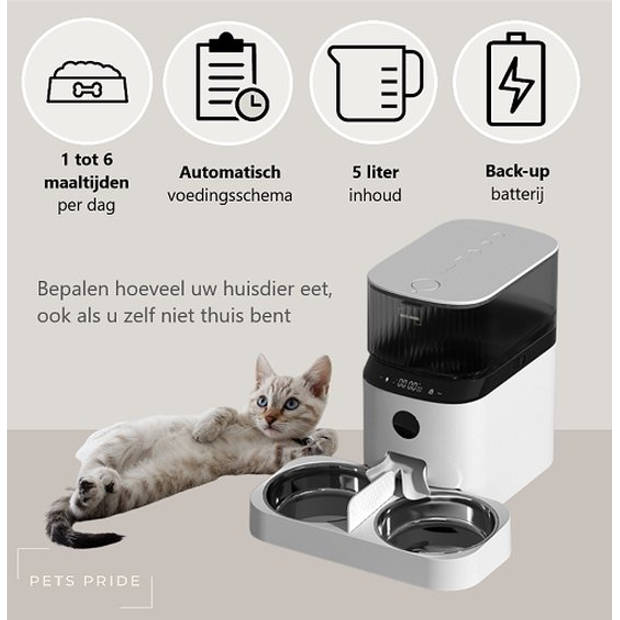 Pets Pride Automatische voerbak kat en hond – Voerautomaat 5L – Dubbele voederbak met WIFI app - RVS