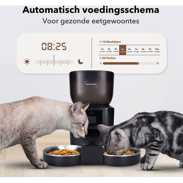 Pets Pride Automatische voerbak kat en hond - Voerautomaat 4L - Dubbele voederbak met camera - Zwart