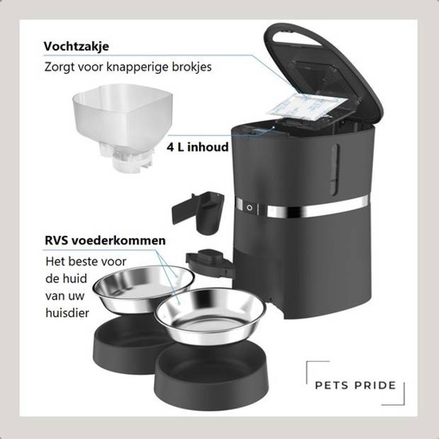 Pets Pride Automatische voerbak kat – Voerautomaat 4L – Dubbele voederbak - WIFI app – Zwart – RVS