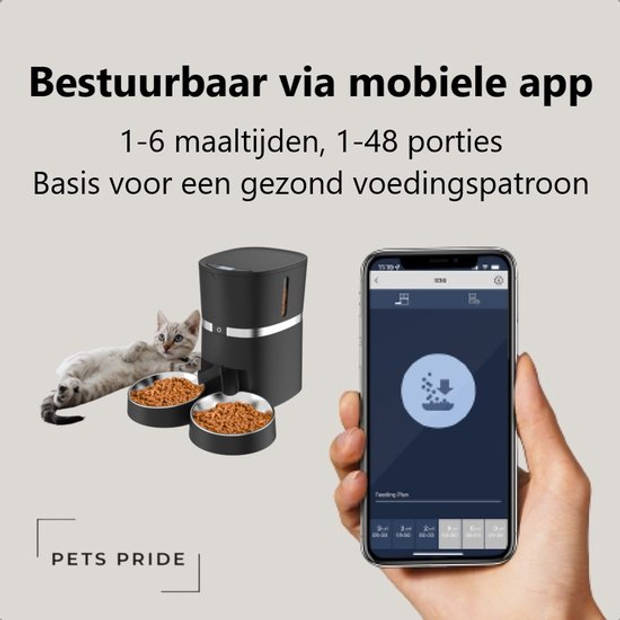 Pets Pride Automatische voerbak kat – Voerautomaat 4L – Dubbele voederbak - WIFI app – Zwart – RVS