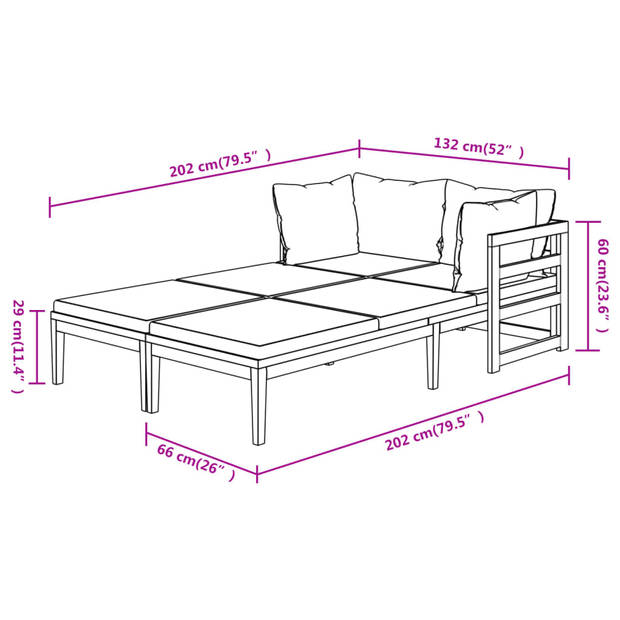 vidaXL Ligstoelen 2 st met crèmewitte kussens acaciahout