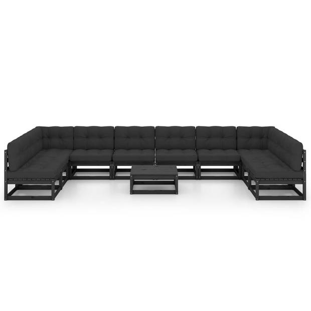 The Living Store Loungeset Grenenhout - Hoekbank en Middenbank - Zwart - 70 x 70 x 67 cm - Met kussens