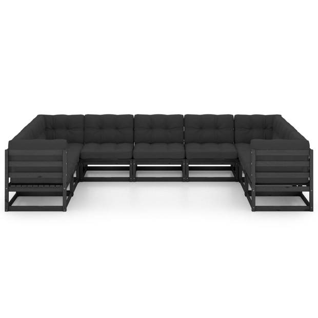 The Living Store Grenenhouten Loungeset - Hoekbank en Middenbank - Zwart - 70 x 70 x 67 cm - Inclusief Kussens -