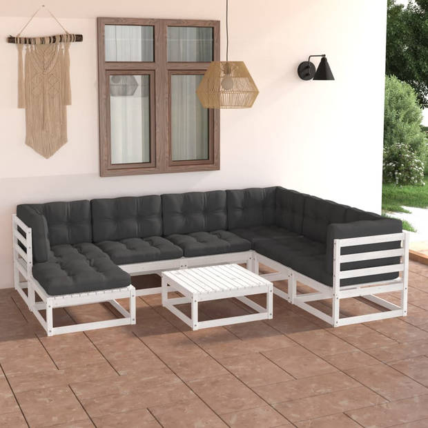 The Living Store Tuinset - Wit - Massief Grenenhout - 70x70x67 cm - Antraciet Kussens