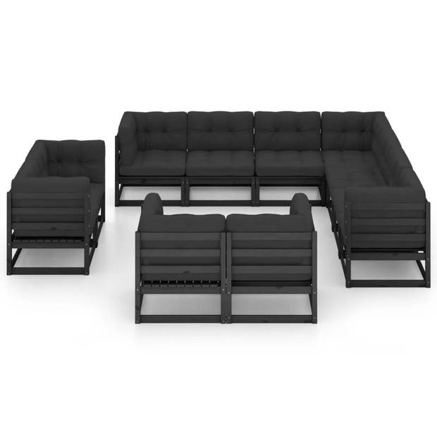 vidaXL 11-delige Loungeset met kussens massief grenenhout zwart