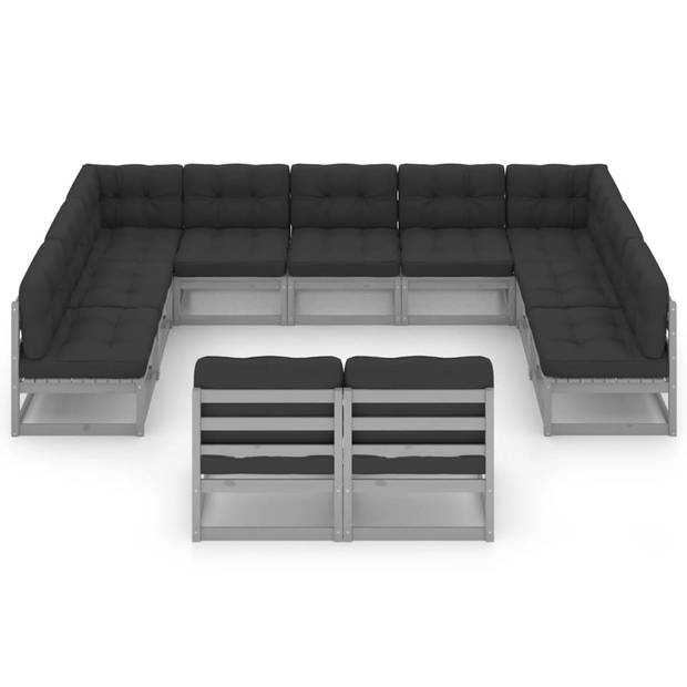 vidaXL 11-delige Loungeset met kussens massief grenenhout grijs