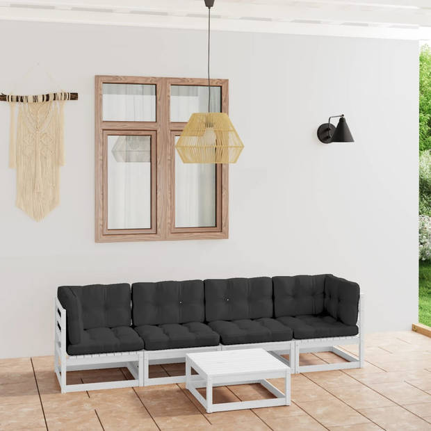 The Living Store Loungeset Hoekbank Wit - 70x70x67 cm - Massief grenenhout - Inclusief kussens