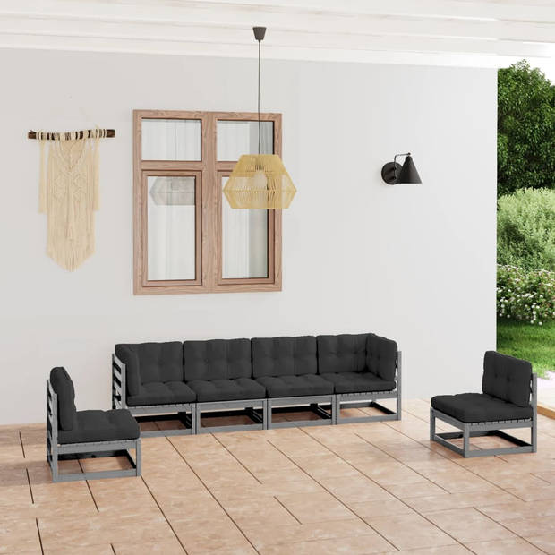 The Living Store Loungeset - Grenenhout - Grijs - Antraciet - 70x70x67 cm - Inclusief kussens