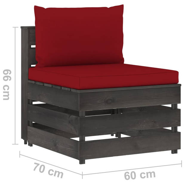 The Living Store Loungeset Pallet Grenenhout - Hoekbank en Middenbank - Tafel - Kussens - Wijnrood