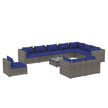 The Living Store Loungeset Poly Rattan - Grijs - Modulair Design - Stevig frame - Waterbestendig - Comfortabele kussens