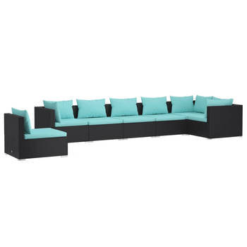 The Living Store Loungeset - PE-rattan modulair design - zwart - 70x70x60.5 - inclusief kussens - waterblauw - monteert