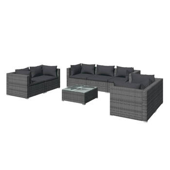 The Living Store Loungeset - Grijs PE-rattan - Modulair design - Hoekbanken - middenbank - tafel - Zit- en rugkussens