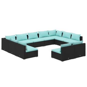 The Living Store Loungeset Modular - Zwart PE-rattan - Waterblauwe kussens - Montage vereist - 9x middenbank - 2x
