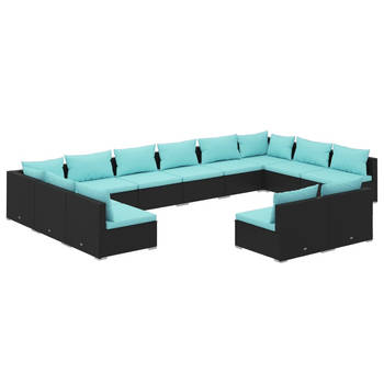 The Living Store Lounge set - PE-rattan - Waterblauw kussen - Zwart - Modulair design