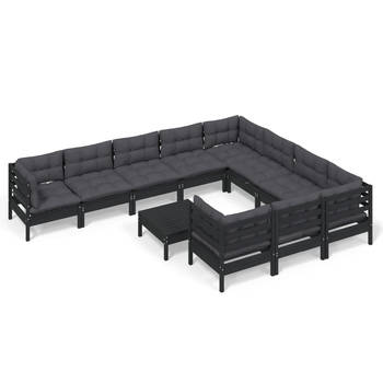 The Living Store Loungeset - massief grenenhout - zwart - 63.5 x 63.5 x 62.5 cm - 100% polyester
