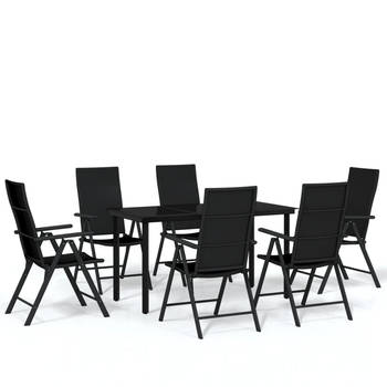 The Living Store Tuintafelset - Zwart - Gepoedercoat staal en glas - 140 x 70 x 74 cm - PE-rattan stoelen - Verstelbare