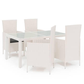 The Living Store Tuinset - Eettafel en 4 stoelen - Wit poly rattan - 150 x 90 x 75 cm - Zwart kussen