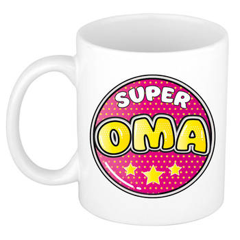 Bellatio Decorations Verjaardag cadeau mok super oma - button - roze - 300 ml - keramiek - oma/oma dag - feest mokken