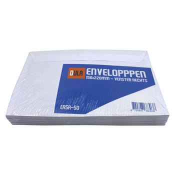 DULA EA5 Enveloppen - Venster rechts -156 x 220 mm - 50 stuks - Wit - Zelfklevend met plakstrip - 80 gram