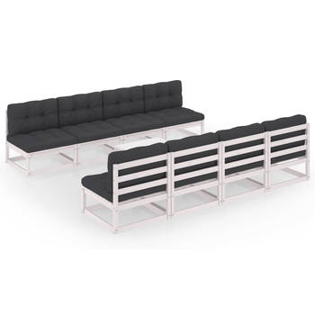 The Living Store Loungeset Grenenhout - 8x middenbank - 1x tafel - Wit - 70x70x67cm (BxDxH) - Antraciet kussens