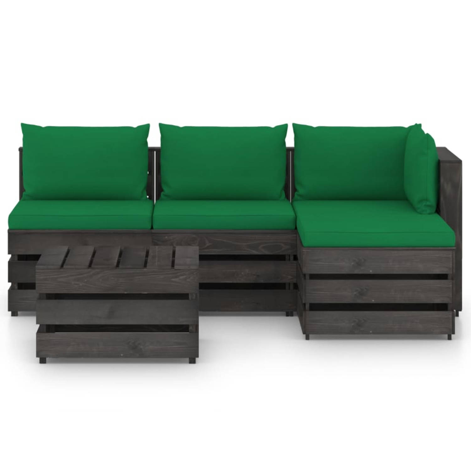 The Living Store Loungeset Pallet - Grenenhout - Groen Kussen - Modulair Design - 150x70x66cm