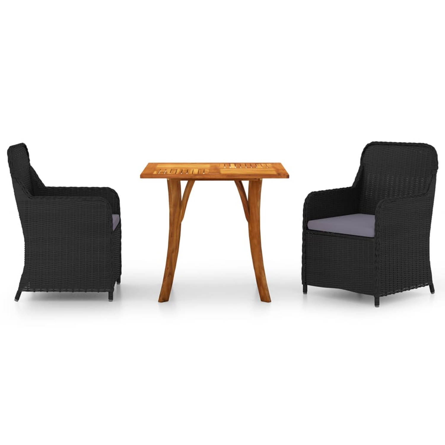 The Living Store Tuinset - Acaciahouten tafel en PE-rattan stoelen - 85 x 85 x 75 cm - zwart/kussen- donkergrijs