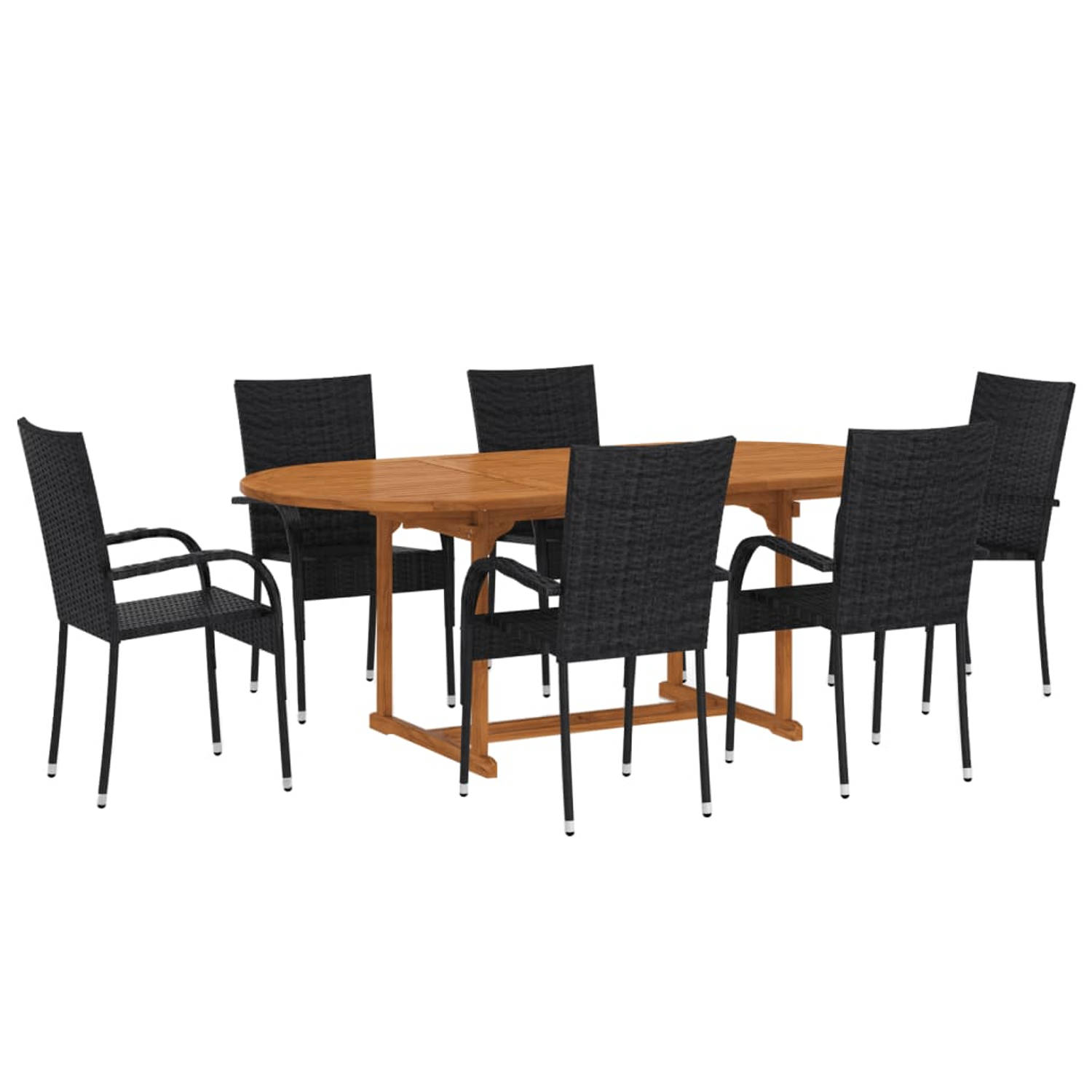 The Living Store Tuinset - Acaciahouten tafel (150-200x100x74 cm) met zwarte PE-rattan stoelen - 6 stoelen