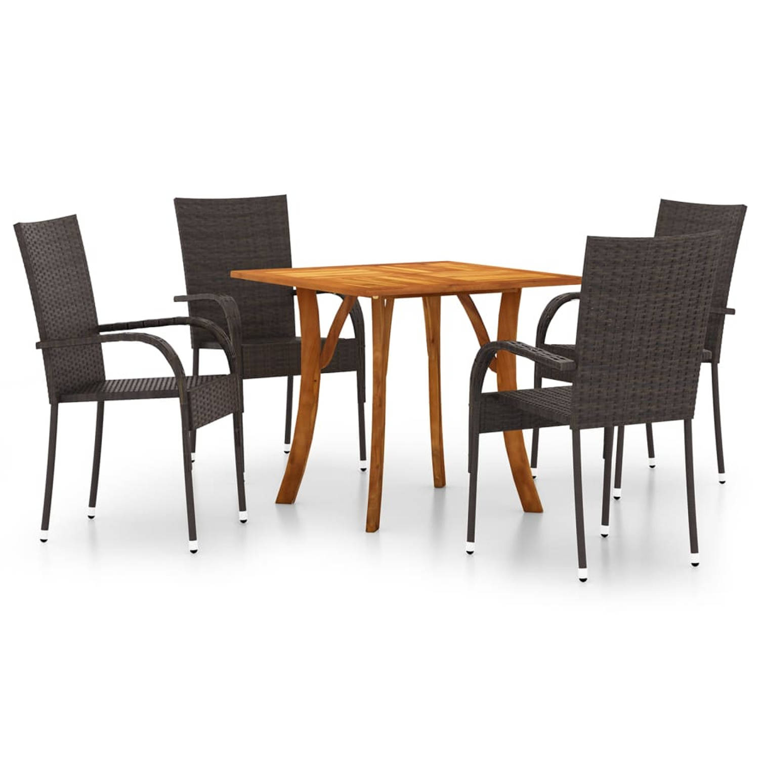 The Living Store Tuinset - Acaciahouten tafel 85x85x75cm - PE-rattan stoelen bruin 55.5x53.5x95cm (set van 4)
