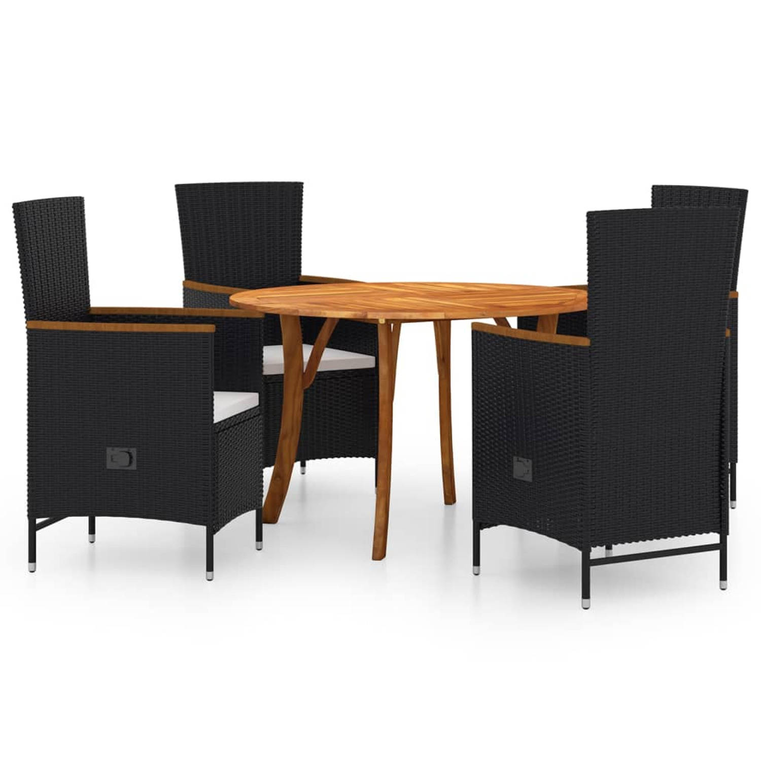 The Living Store tuinset - acaciahouten tafel (120 x 75 cm) met 4 zwarte poly rattan stoelen en crèmewitte kussens