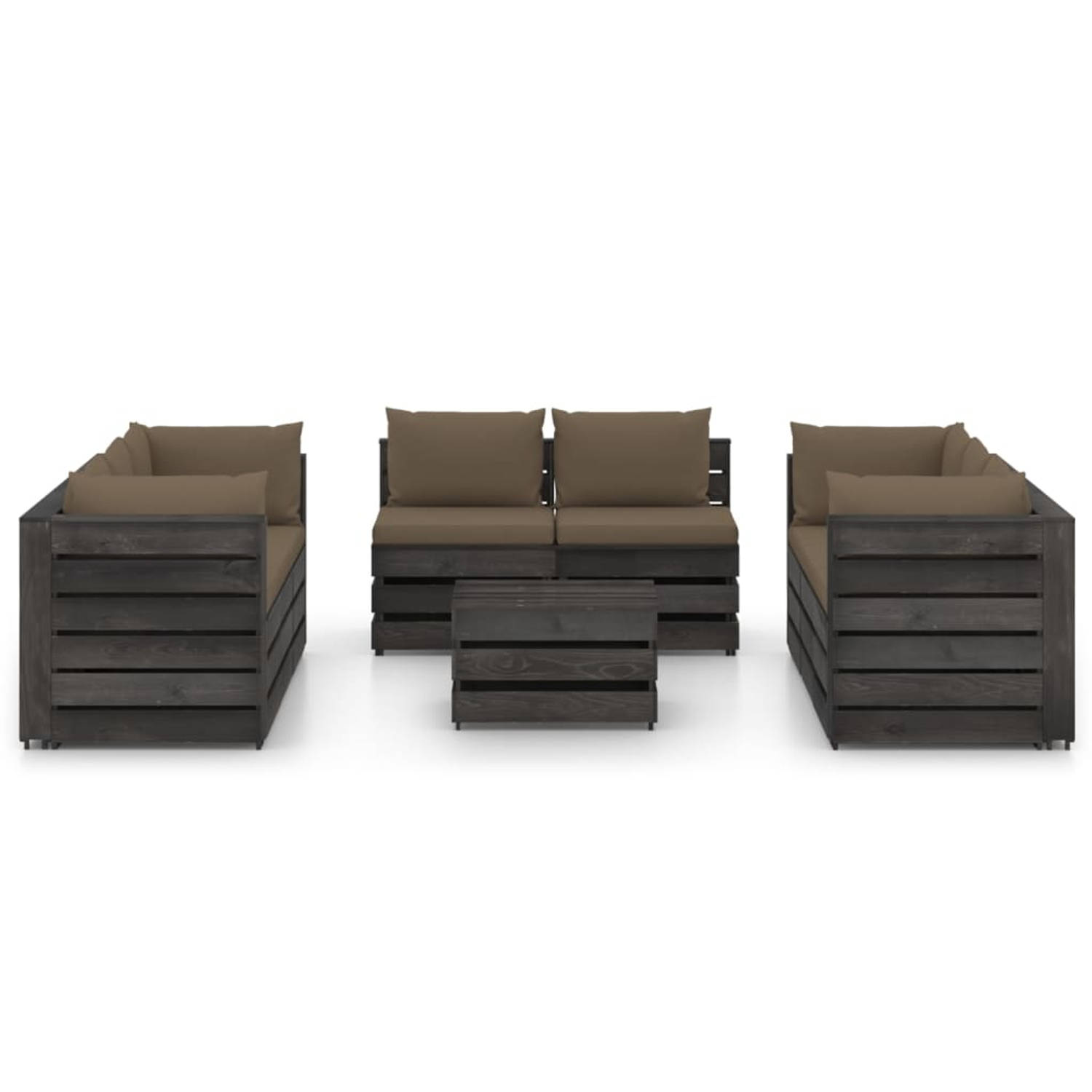 The Living Store Pallet Loungeset - Grenenhout - 8-delig - Taupe kussens