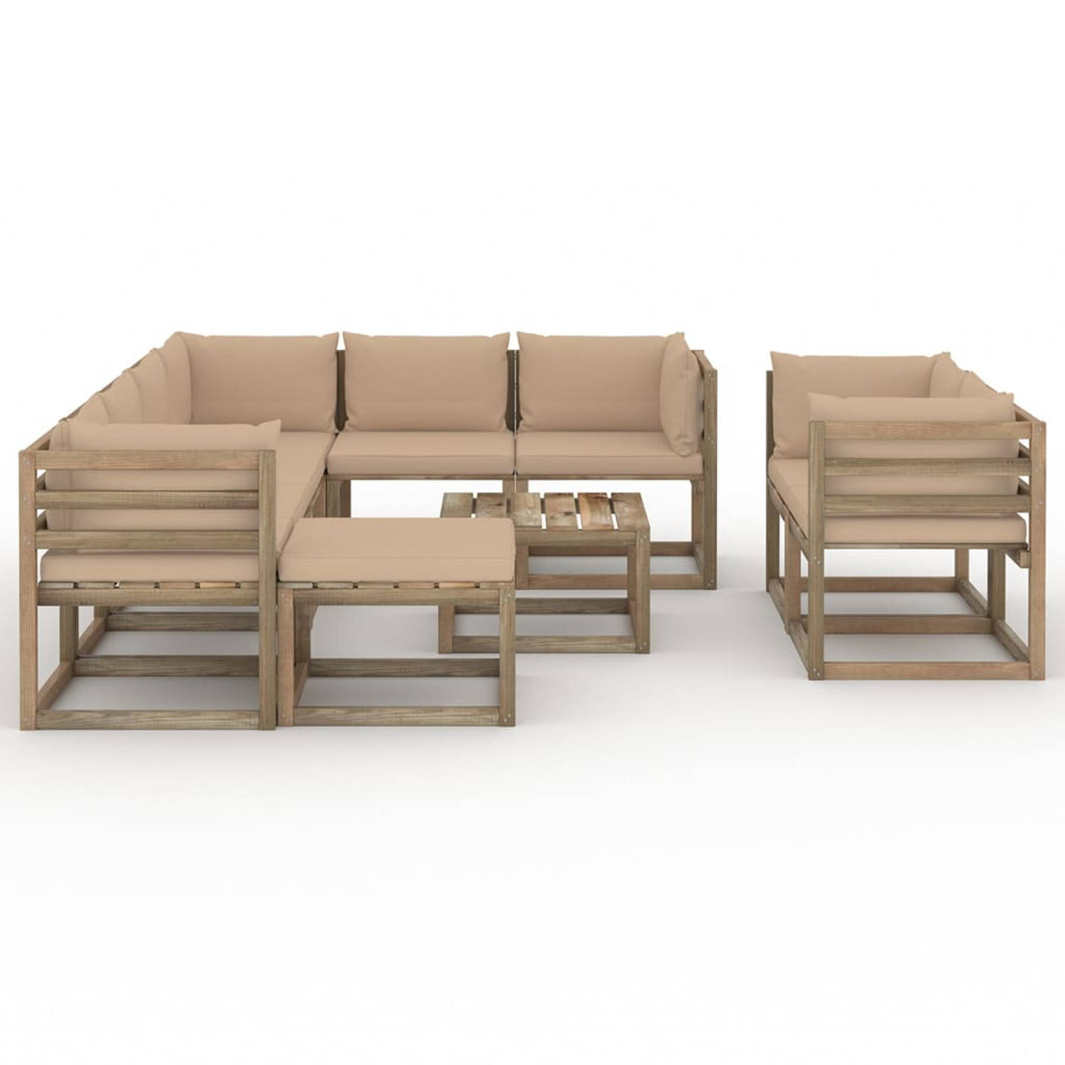 The Living Store Tuinset Grenenhout - Beige Kussen - Tafel - Voetenbank - Middenbank - Hoekbank - 60x60x36.5cm - 60x64x70cm - 64x64x70cm - Zitkussen 60x60x6cm - Rugkussen 60x38x13c