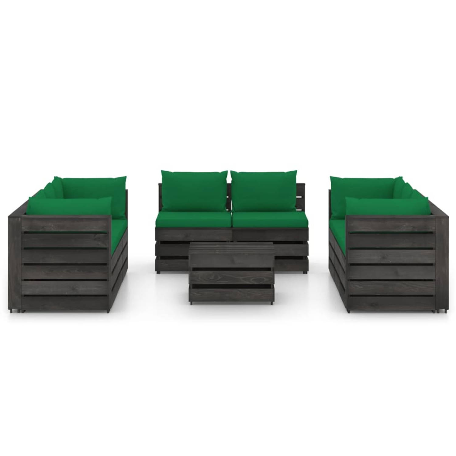 The Living Store Pallet Loungeset - Hoekbank Middenbank Tafel - 69 x 70 x 66 cm - Grenenhout - Groen kussen