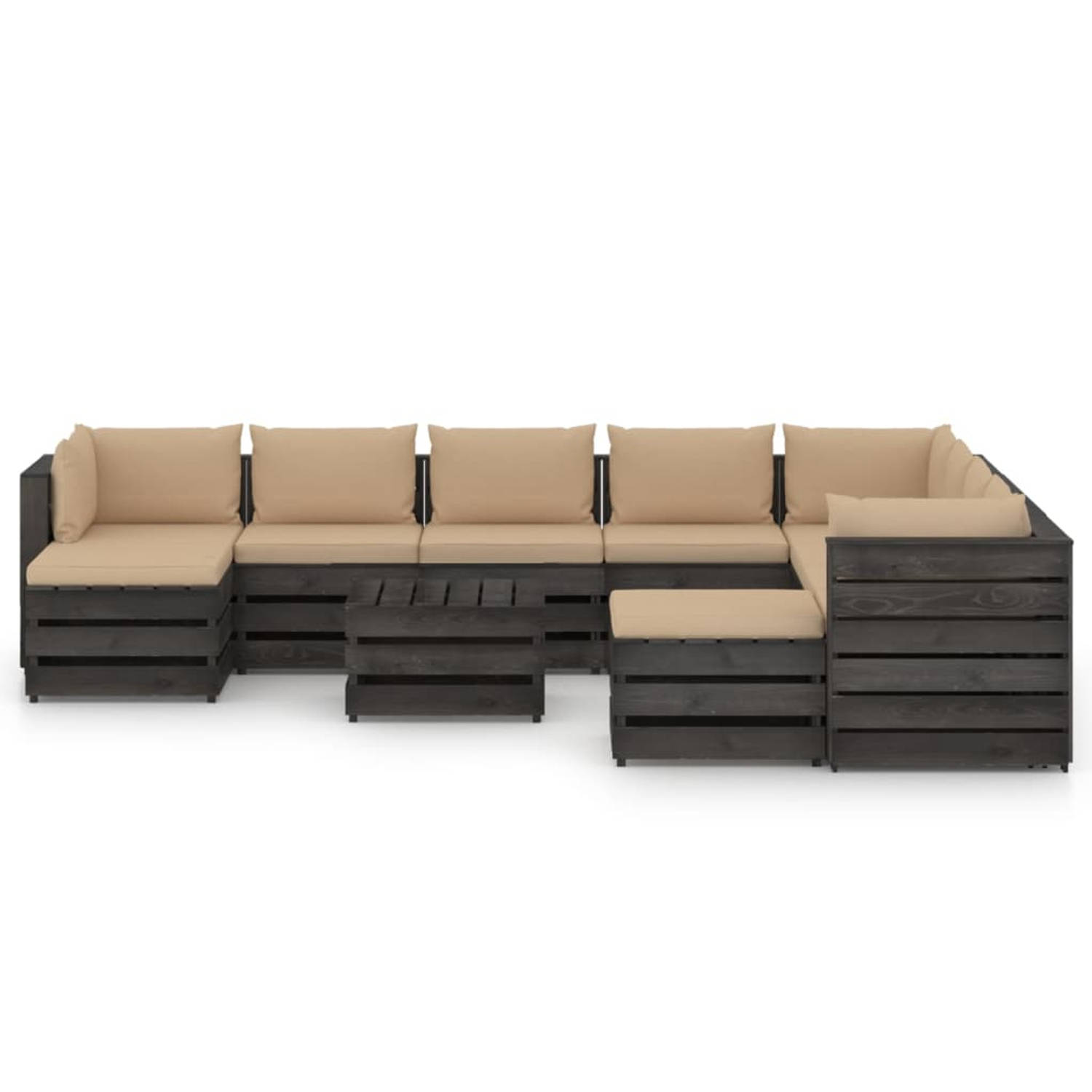 The Living Store Loungeset Pallet - Grenenhout - Modulair - 69x70x66 cm - Beige kussen