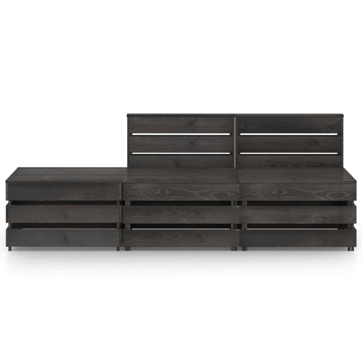 The Living Store Pallet Loungeset - Grenenhout - Grijs geïmpregneerd - Middenbank- 60x70x66cm - Tafel/Voetenbank- 60x62x37cm