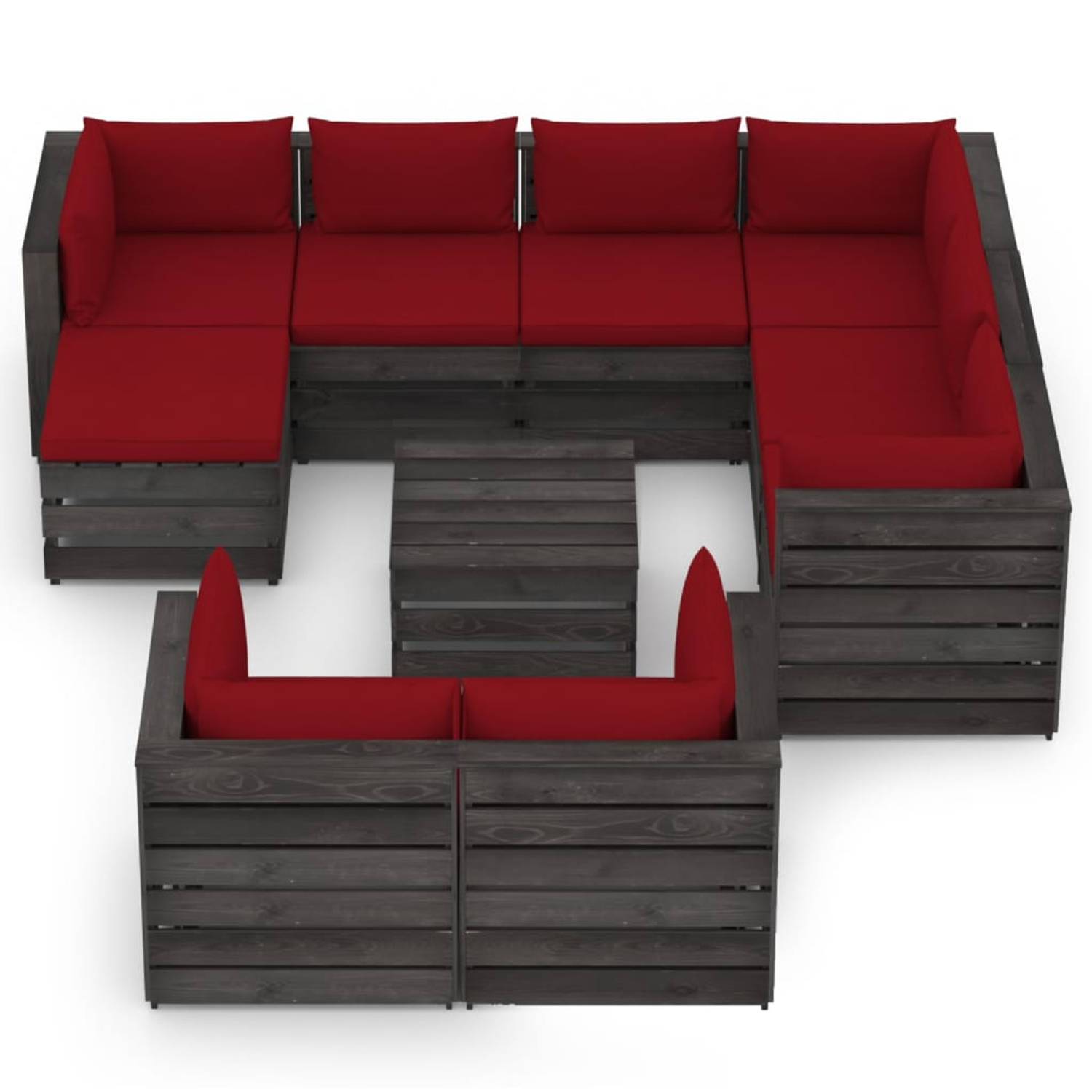 The Living Store Pallet Loungeset - Grenenhout - 69x70x66 cm - Wijnrood kussen