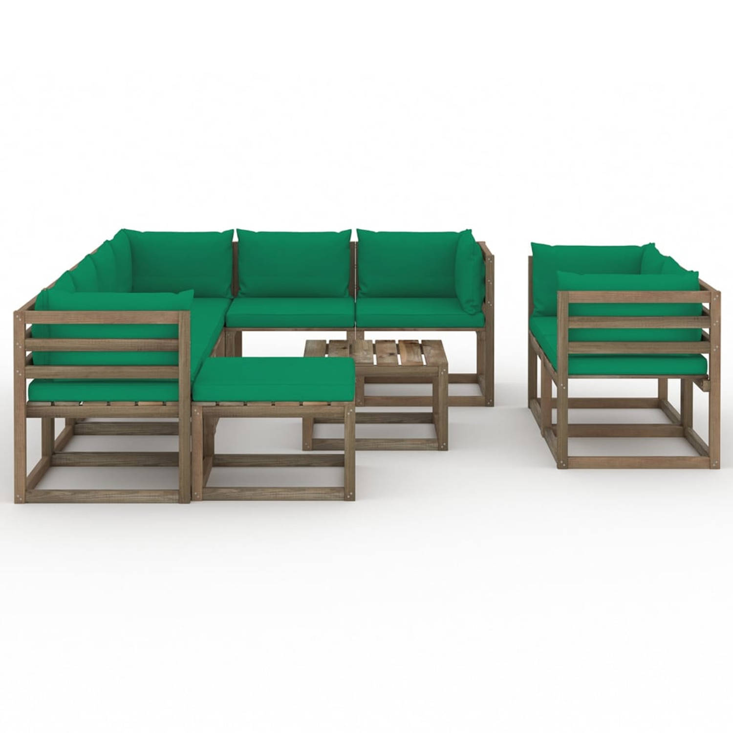 The Living Store Tuinset Grenenhout - Modulaire Lounge Set - Groen Kussen - Afmetingen- 60x60x36.5cm tafel -