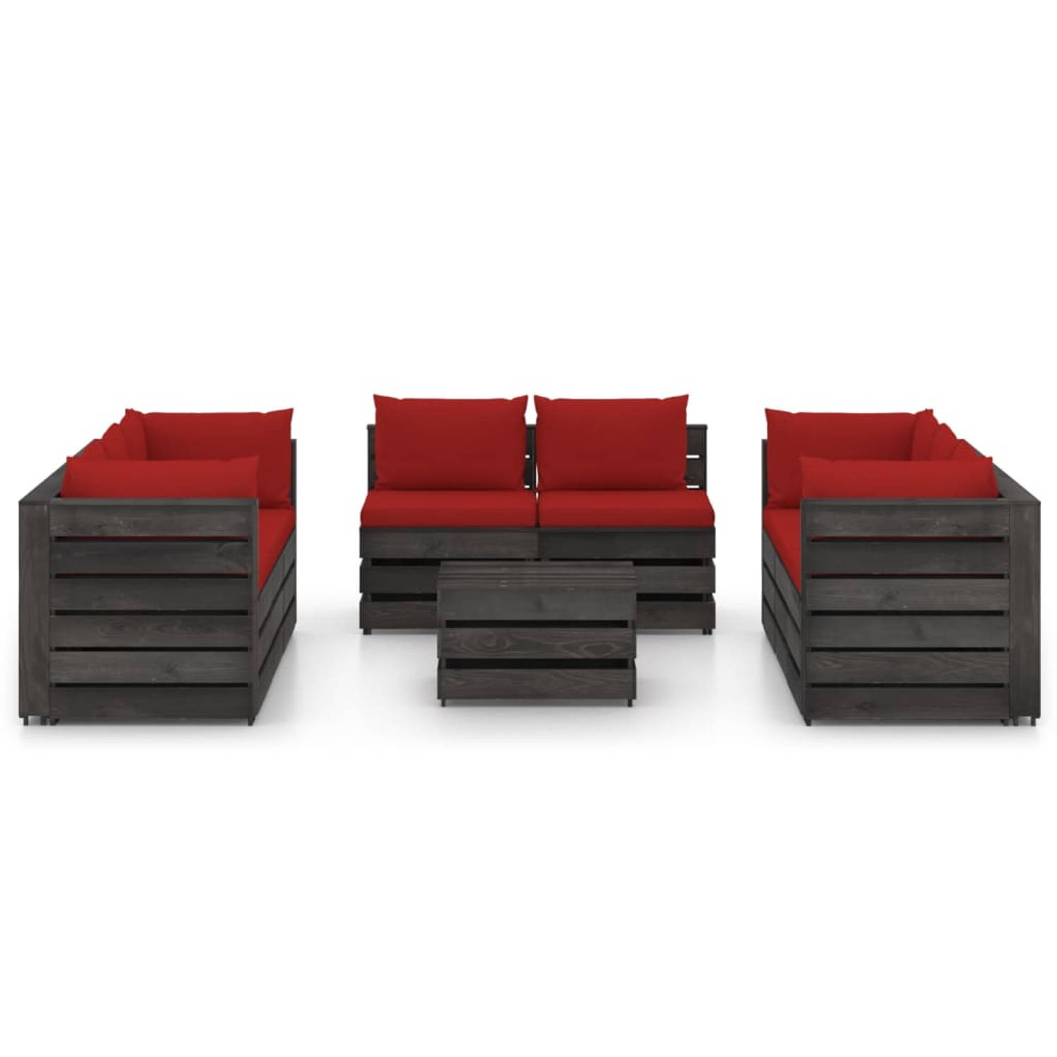 The Living Store Pallet Loungeset - Grenenhout - 69x70x66 cm - Rood kussen