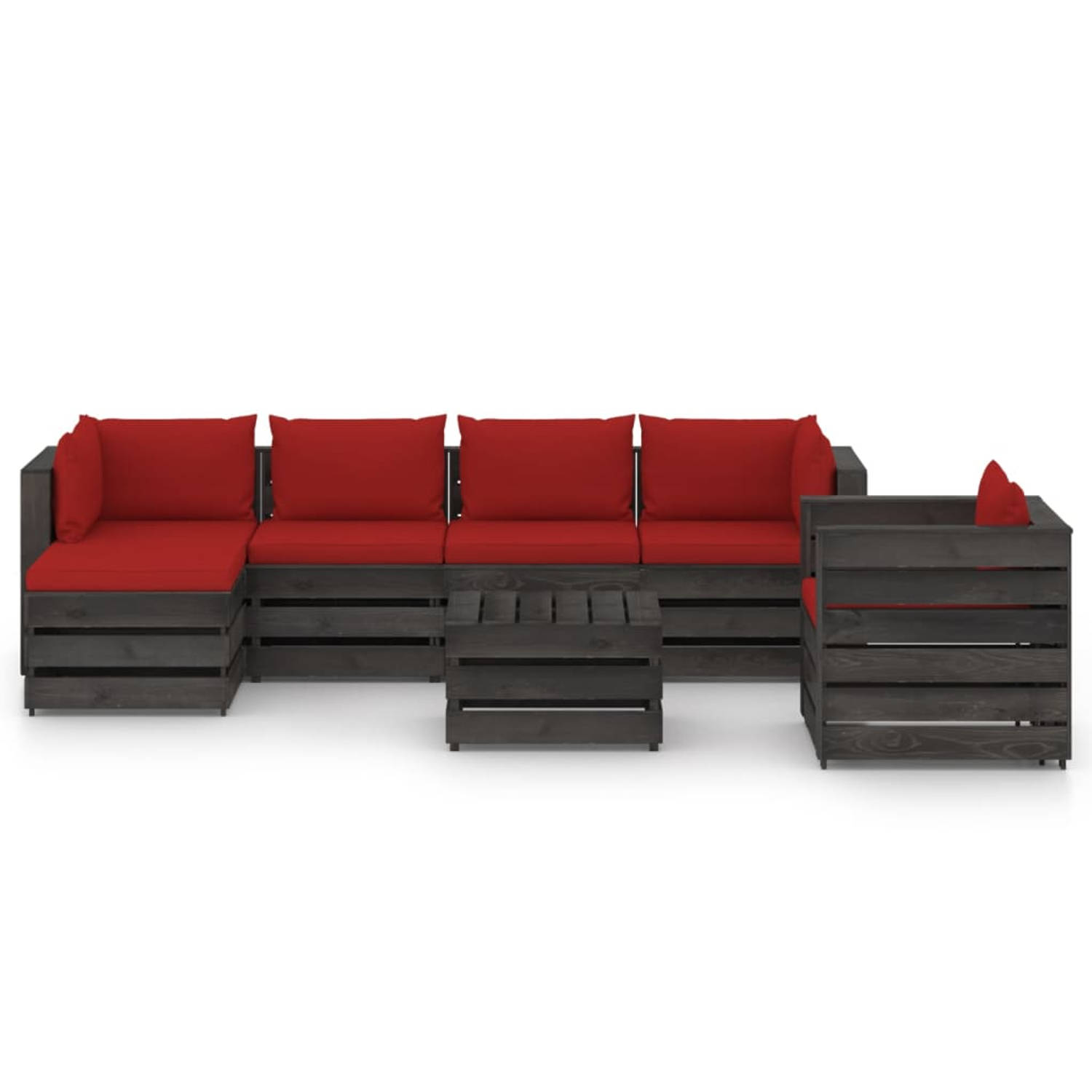 The Living Store Pallet Loungeset - Houten - Grenenhout - Grijs geïmpregneerd - Rood kussen