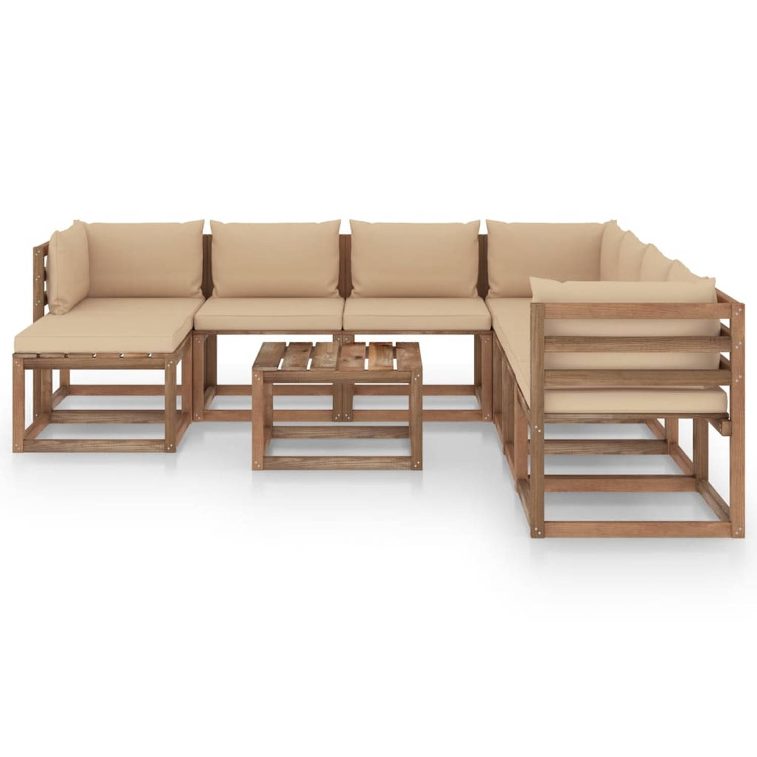 The Living Store Tuinset Grenenhout - Modulaire Loungeset - Beige Kussens - 60x60x36.5cm Tafel - 60x64x70cm Middenbank - 64x64x70cm Hoekbank - 60x60x6cm Zitkussens - 60x38x13cm Rug