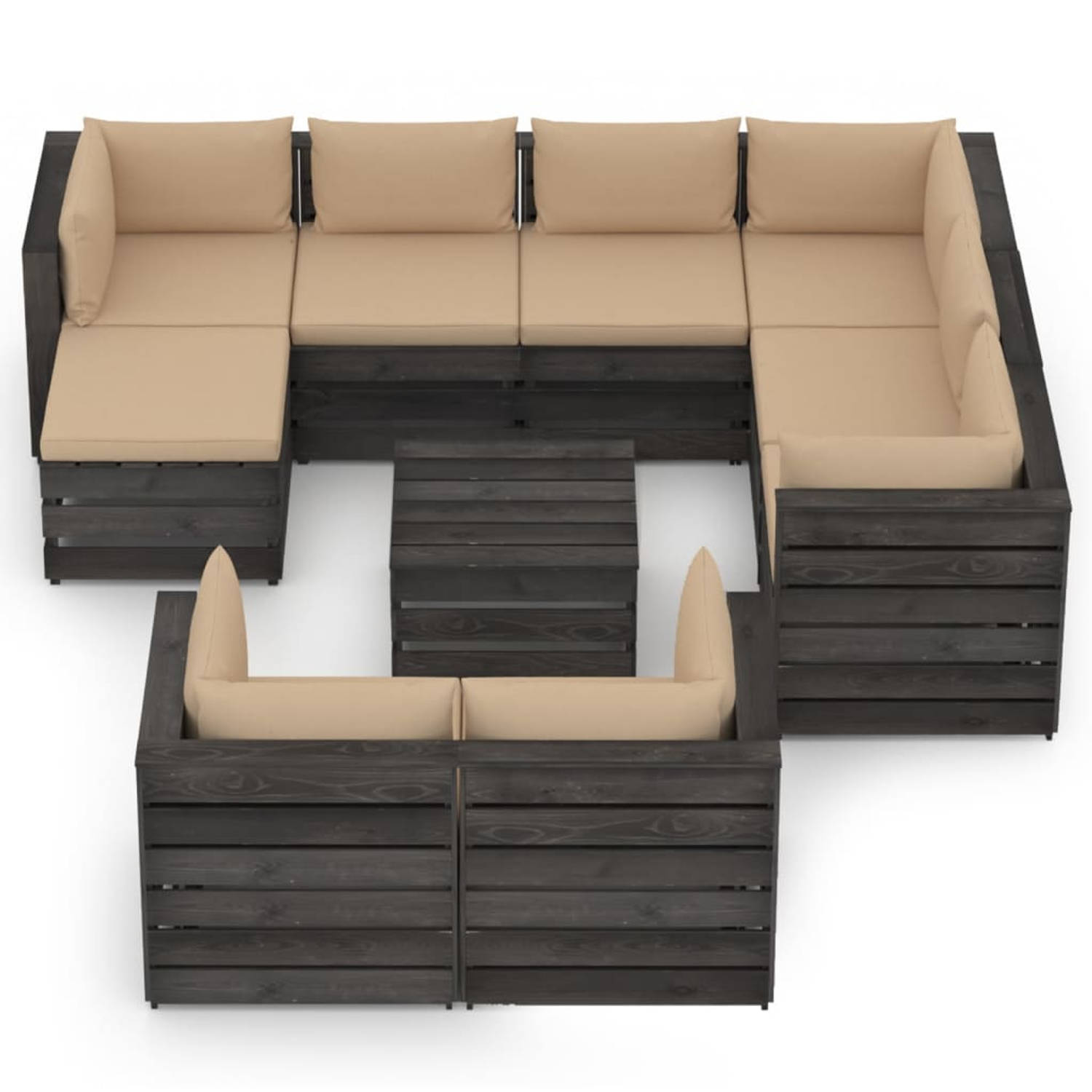 The Living Store 10-delige Loungeset met kussens grijs geïmpregneerd hout - Tuinset