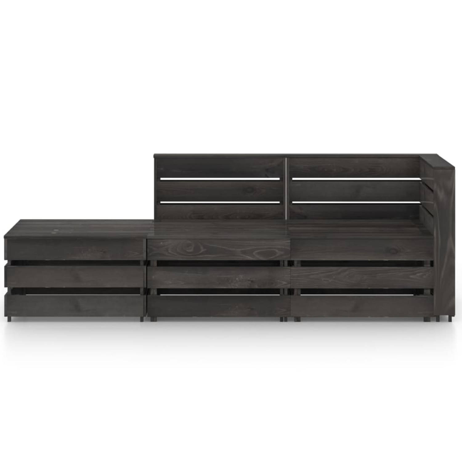 The Living Store Pallet Loungeset - Grenenhout - Grijs geïmpregneerd - Hoekbank 69x70x66cm - Middenbank 60x70x66cm - Tafel/Voetenbank 60x62x37cm