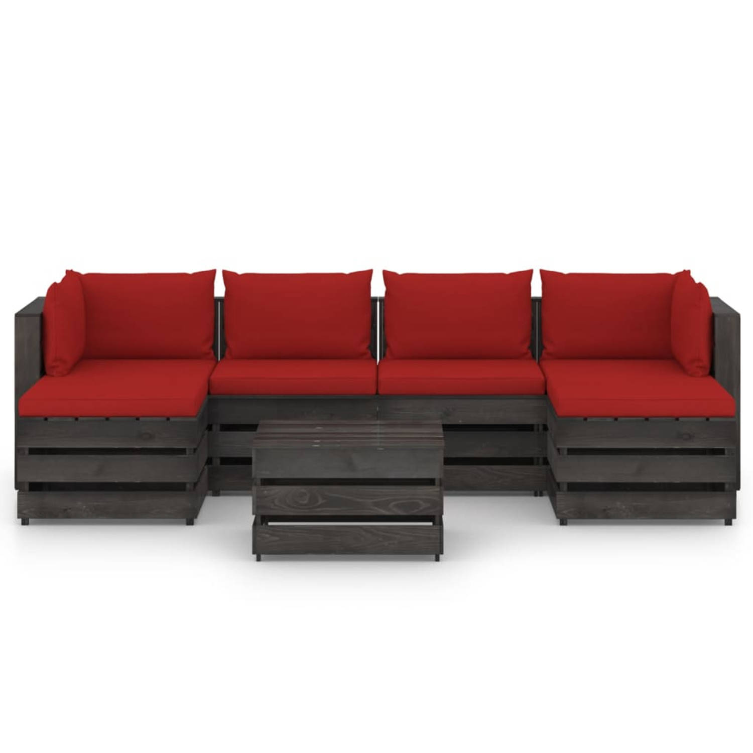 The Living Store Pallet Loungeset - Grenenhout - Rood Kussen - Modulair Design