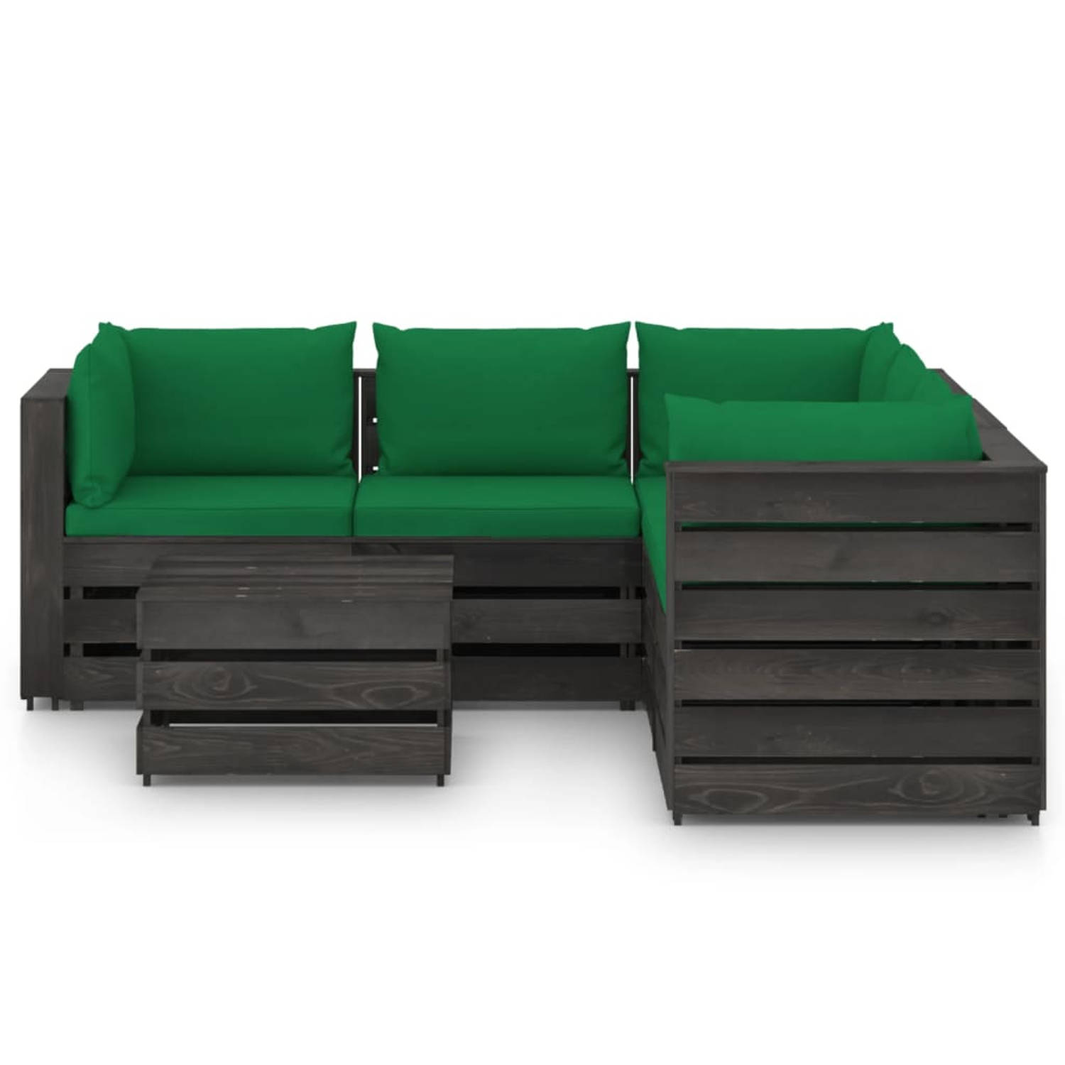 The Living Store Pallet Loungeset - Grenenhout - Groene Kussens - 5-delig