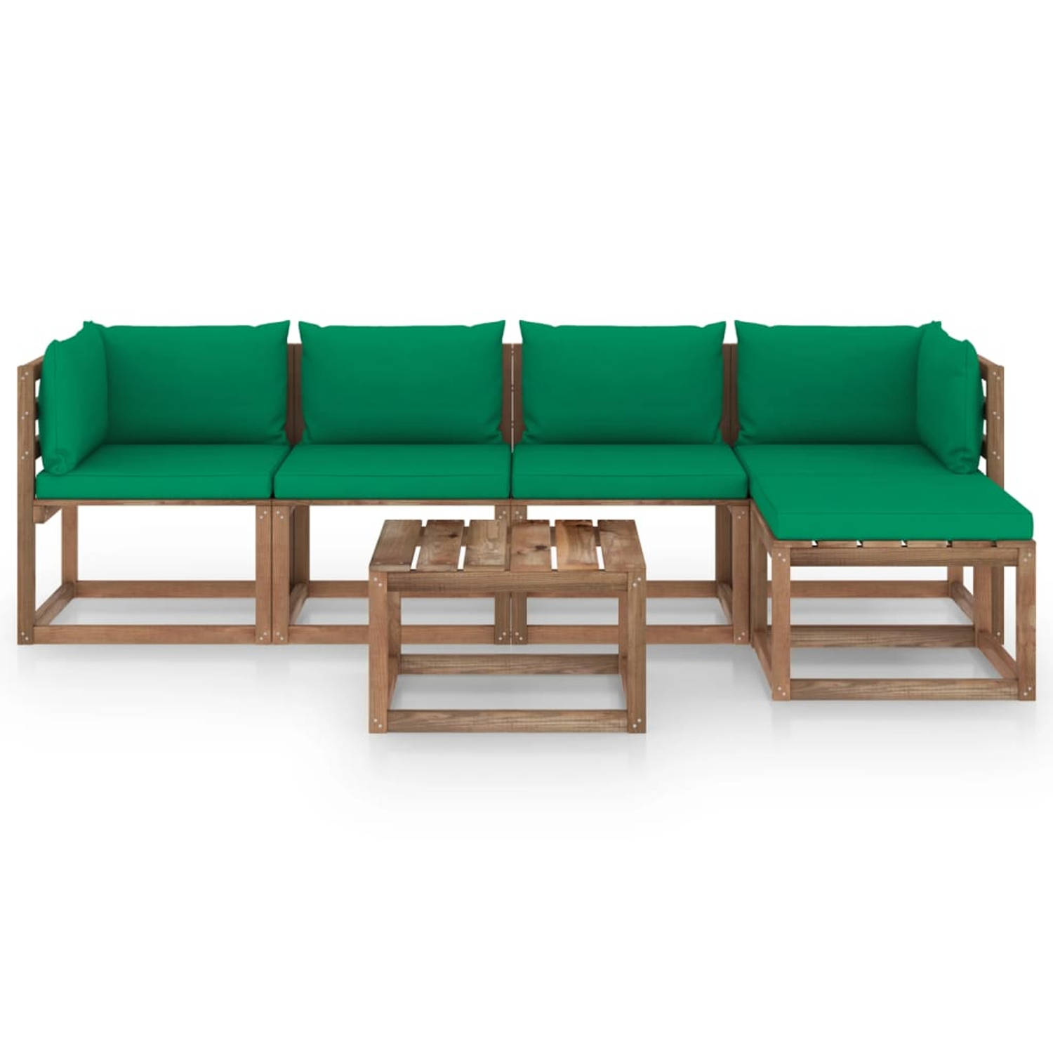 The Living Store Loungeset Pallet - Grenenhout - Groene Kussens - Hoekbank - Middenbank - Voetenbank - Tafel - 64x64x70cm - 60x64x70cm - 60x60x36.5cm