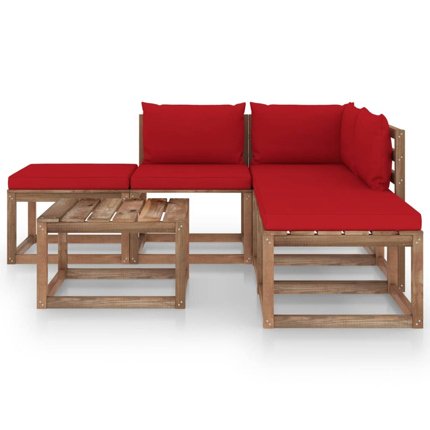 The Living Store Loungeset Pallet - Rood - Geïmpregneerd Grenenhout - 64x64x70 cm - Incl - Kussens