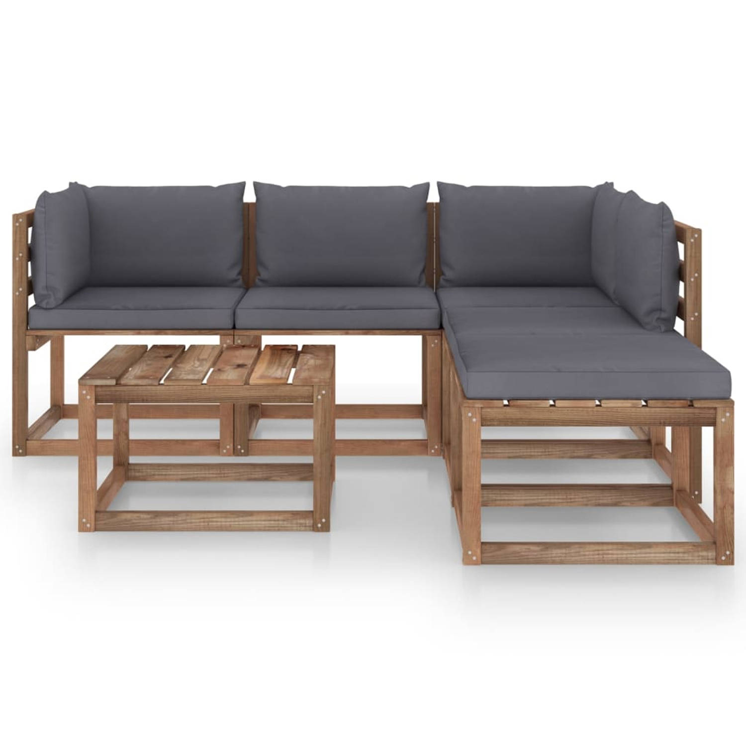 The Living Store Pallet Loungeset - Hoekbank en middenbank - Grenenhout - Antraciet - 64x64x70 cm - Inclusief kussens