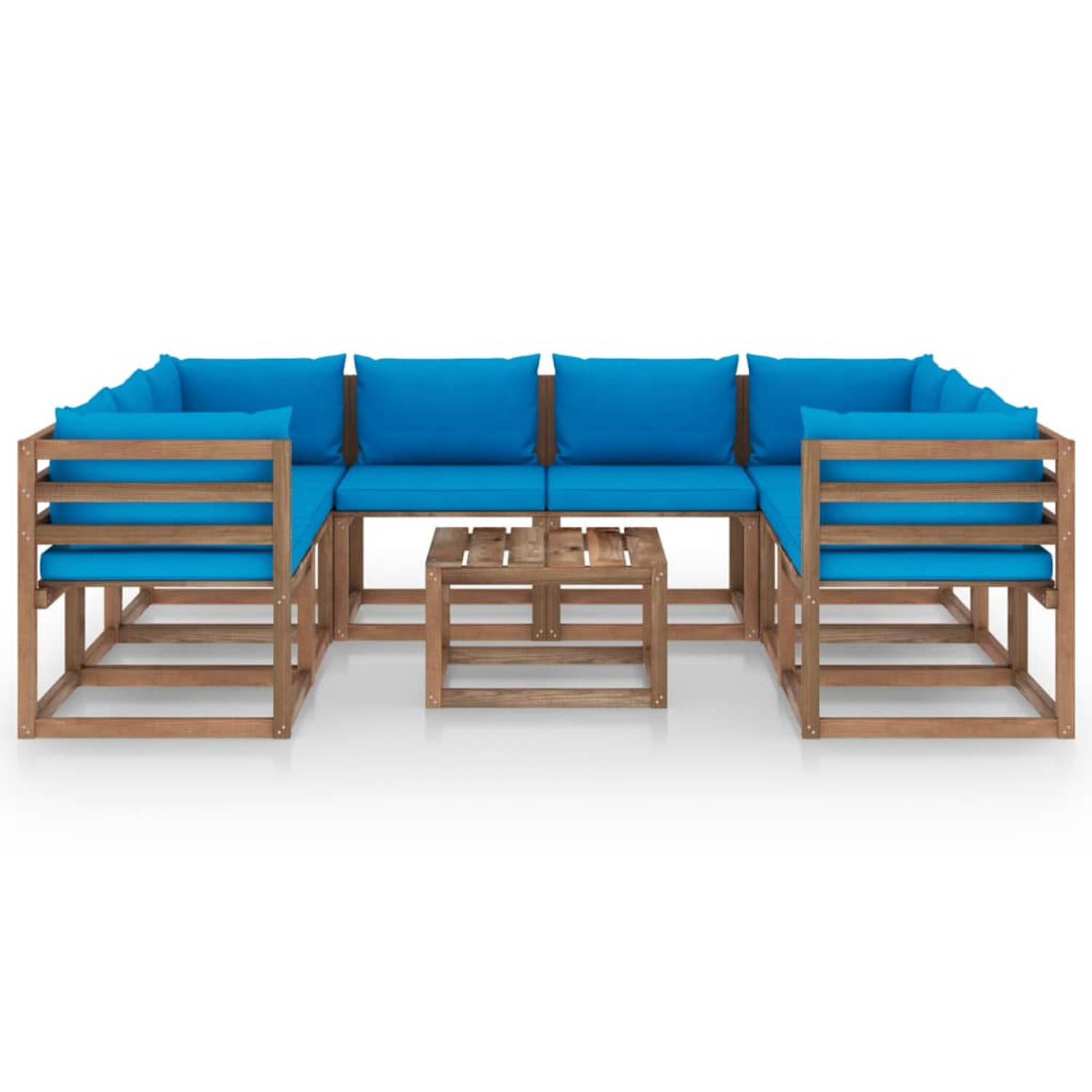 The Living Store Houten tuinset - hoekbank en middenbank - tafel - kussens - lichtblauw - 100% polyester